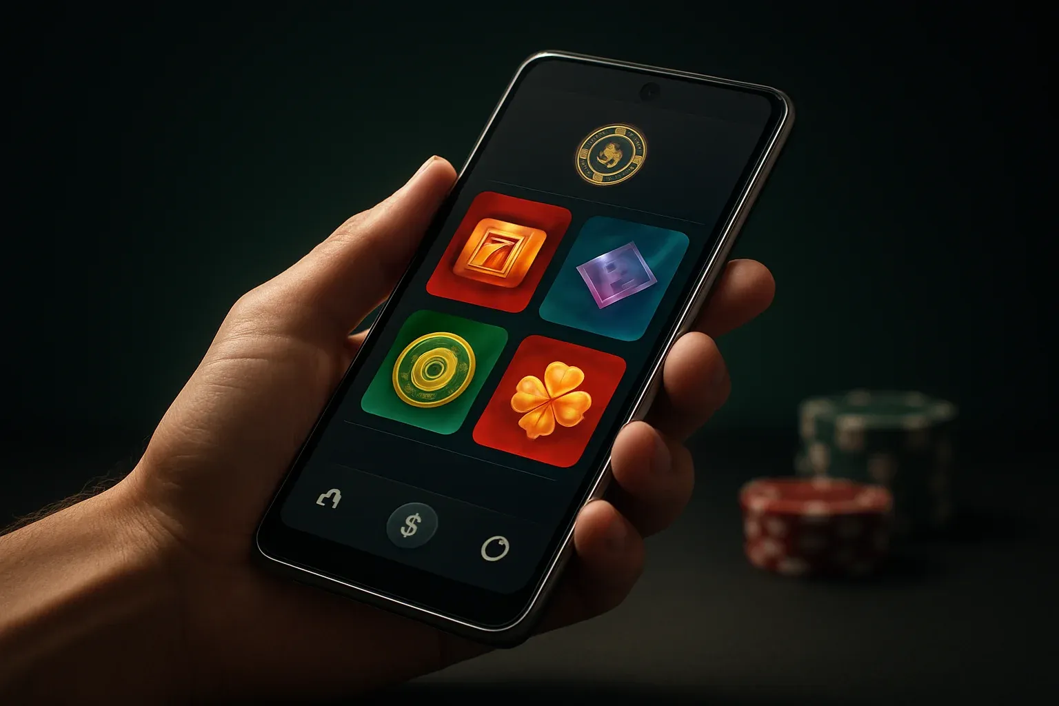 Flagship Android smartphone displaying vivid casino app interface in dramatic lighting