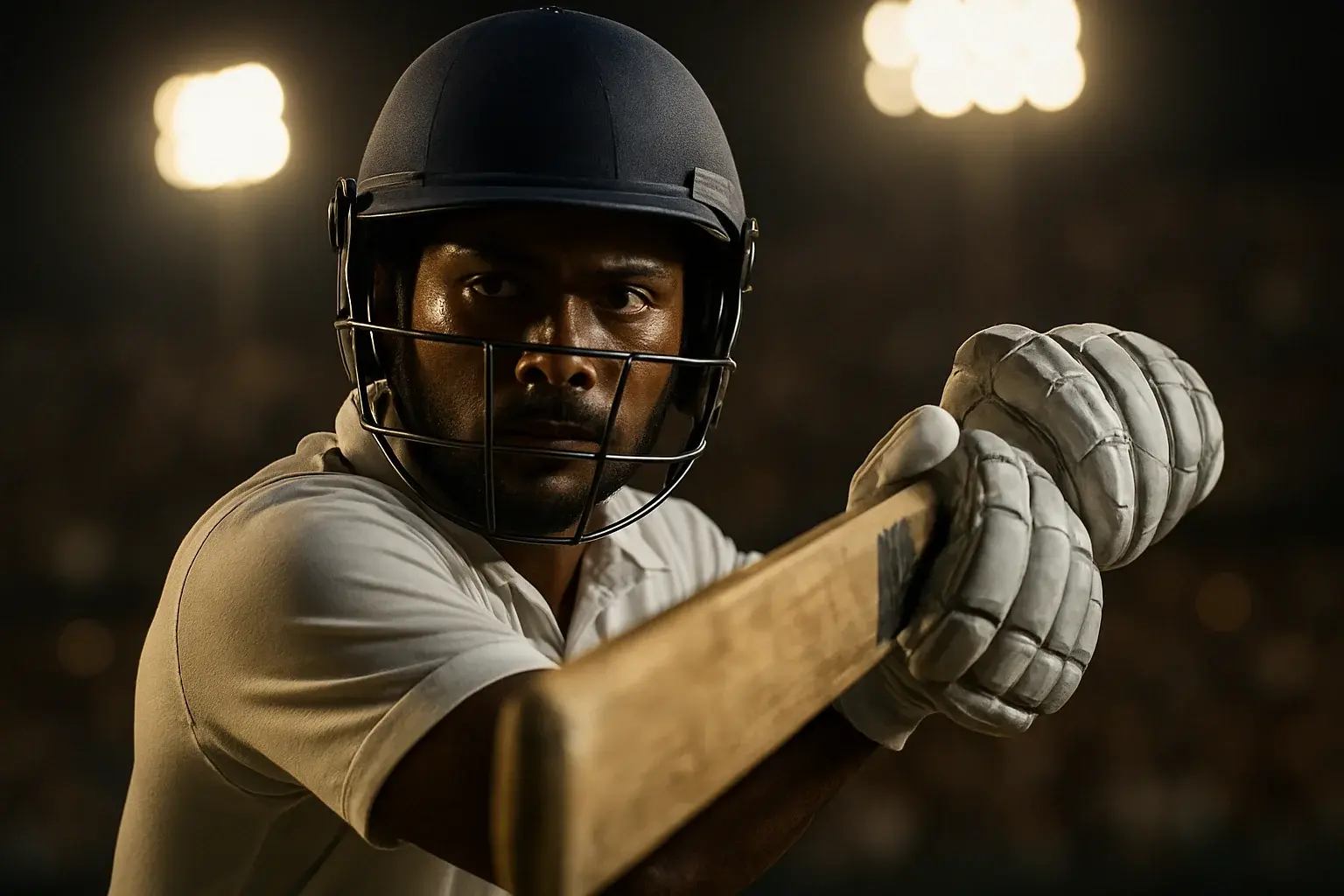 Bangladeshi male cricket batsman mid-swing under stadium floodlights in white kit