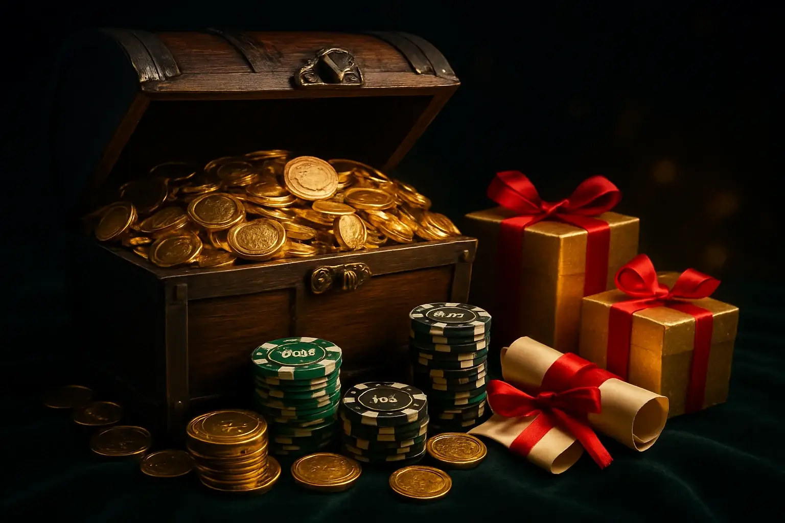 Overflowing treasure chest with gold coins, casino chips, vouchers, and gift boxes