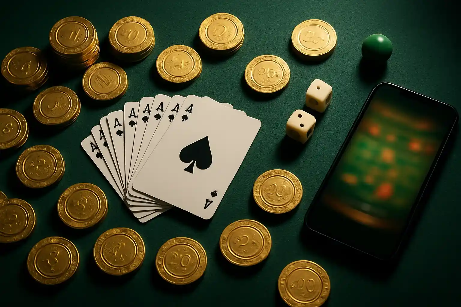 Top-down casino table with gold chips, cards, dice, roulette ball, smartphone