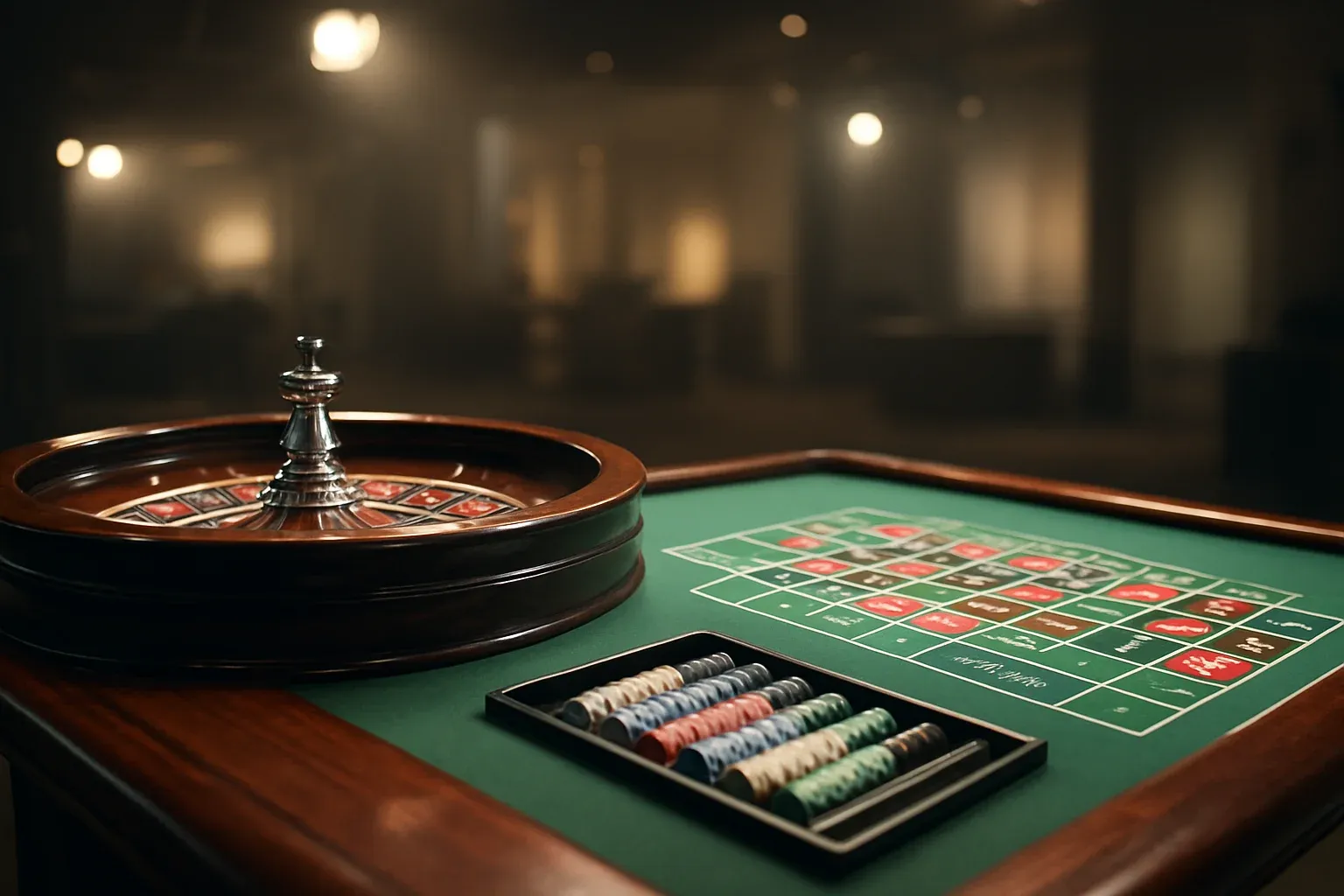 Hyperrealistic live casino studio with empty roulette table and dramatic lighting