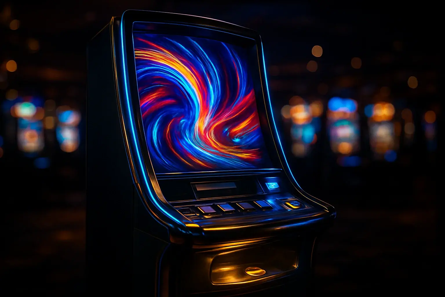 Premium slot machine glowing in dark luxury casino with neon lighting